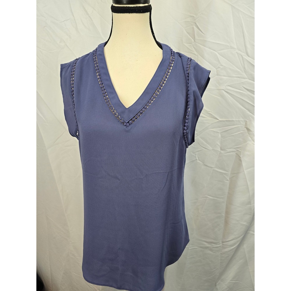 41 Hawthorn Womens V-Neck Sleeveless Blouse Blue Pom Pom Trim Top Small